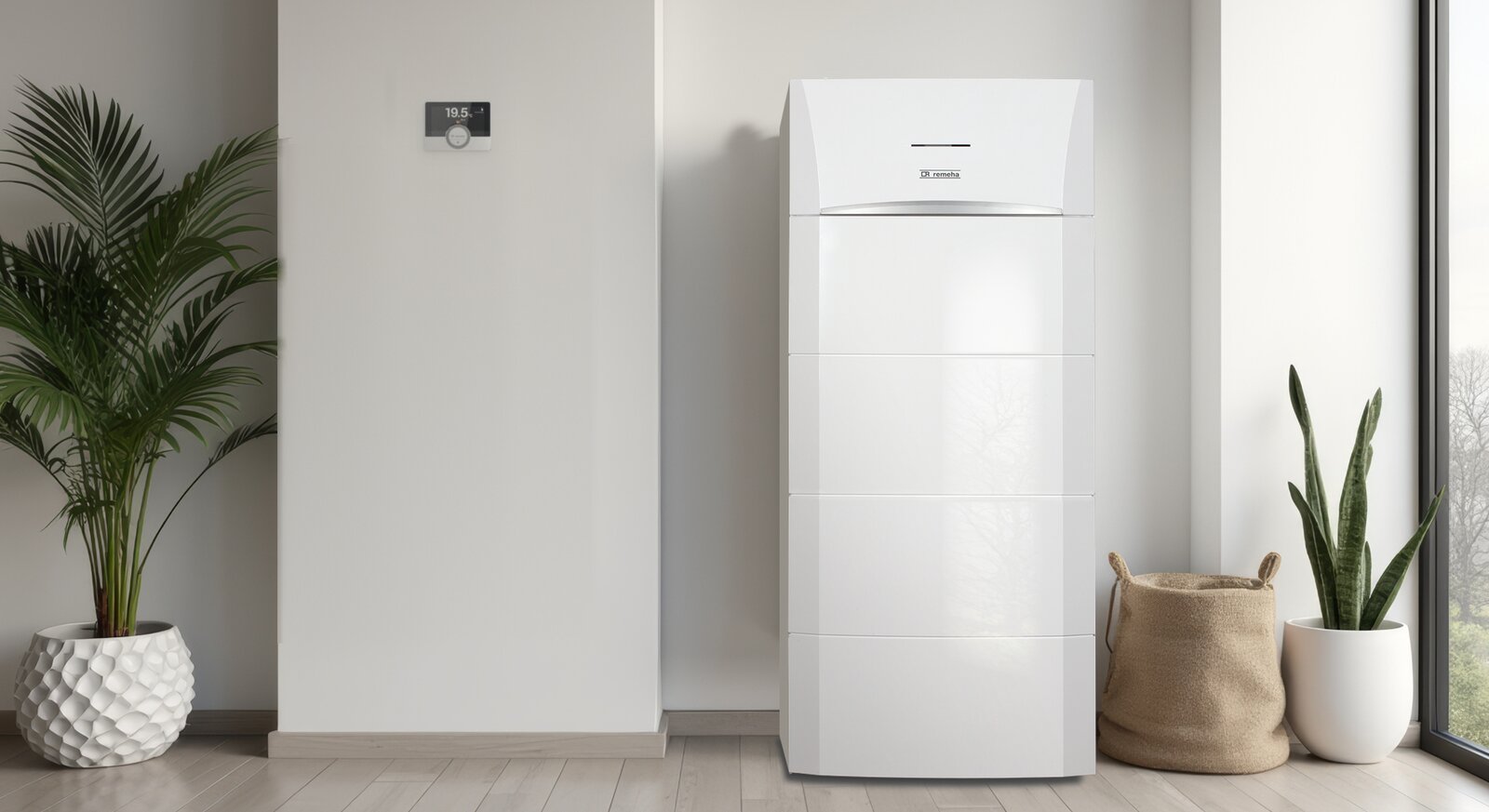 Vloerstaande verwarmingsketel met boiler in een lichte technische ruimte