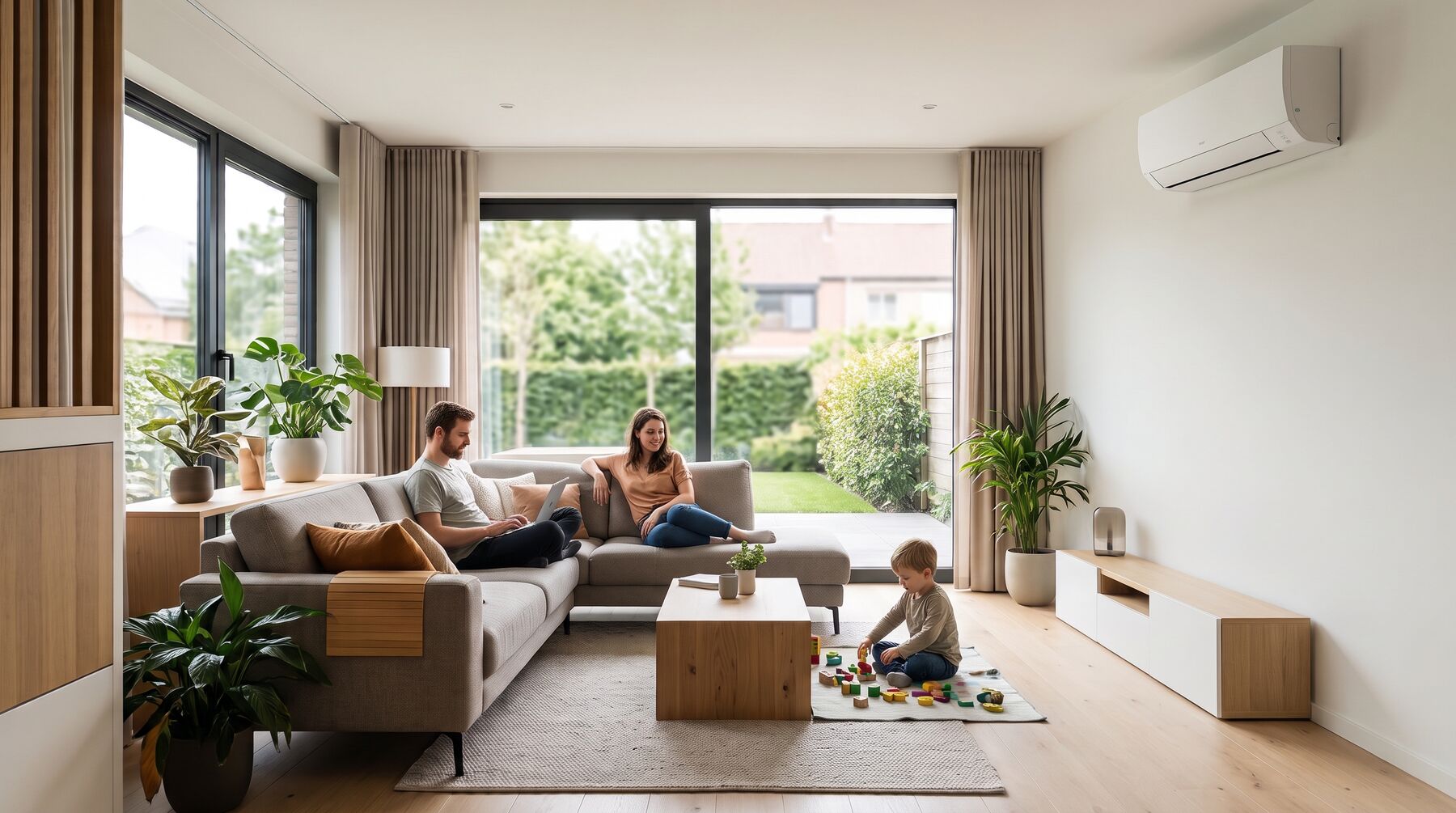 Gezin in een koele woonkamer met airco aan de muur