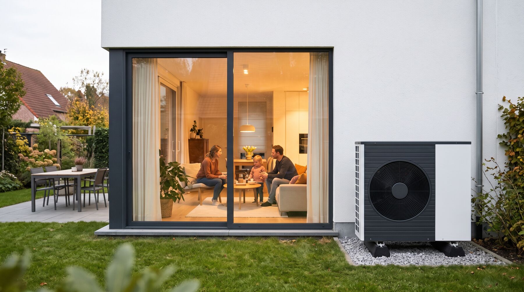 Gezin in een warme woonkamer, buiten een warmtepomp tegen de gevel